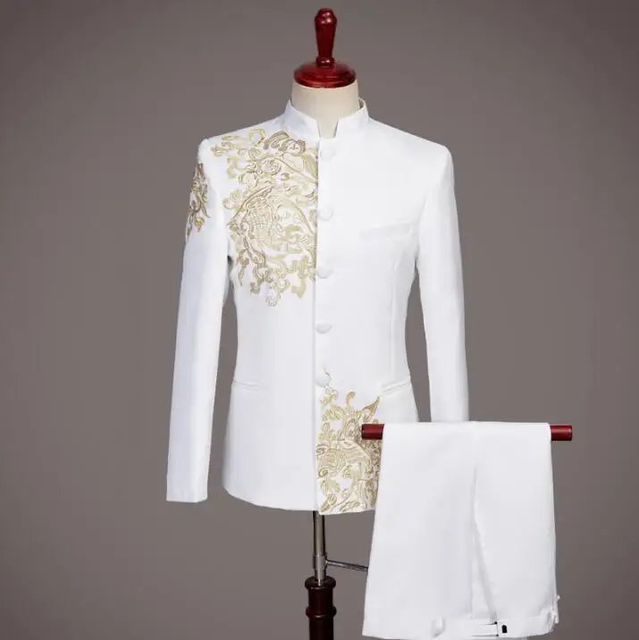 

Singer dance stage clothing for men groom suit set with pants Embroidery white Chinese tunic suit mens suits formal dress Chorus