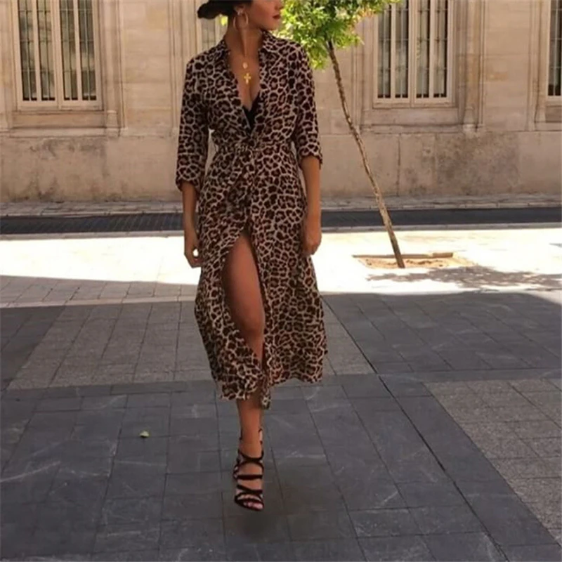Женское платье с леопардовым принтом вечернее средней длины v образным вырезом и