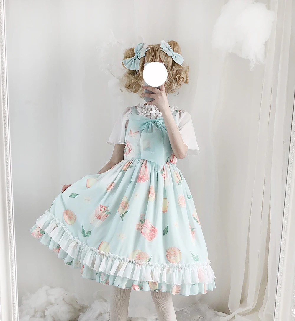 Милая Лолита милый музыканта кролик с принтом куклы воротник платья японский Kawaii для девочек; Винтаж с кружевом и принтом, длинные и короткий рукав платье