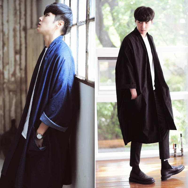 

2017 autumn male personality solid color loose no button trench Loose singer clothingM-2XXL