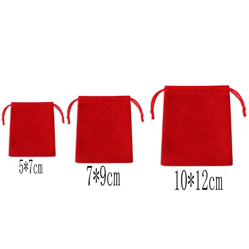 50PCS/Lot Velvet Red 3 Size Pull Rope Jewelry Ring Bracelet Gift Bags Strap Pouches Wholesale10*12cm 7*9cm 5*7cm