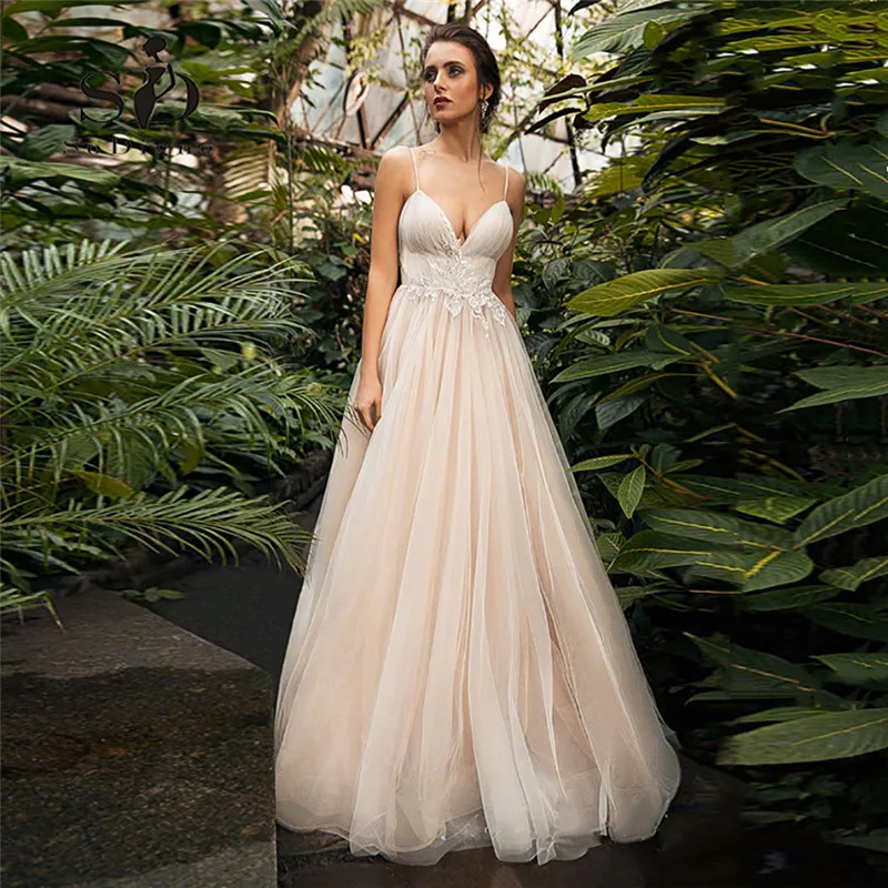 

Ball Gown A Line Wedding Dress 2021 V Neck Spaghetti Strap Lace Appliques Princess Wedding Gown Simple Backless