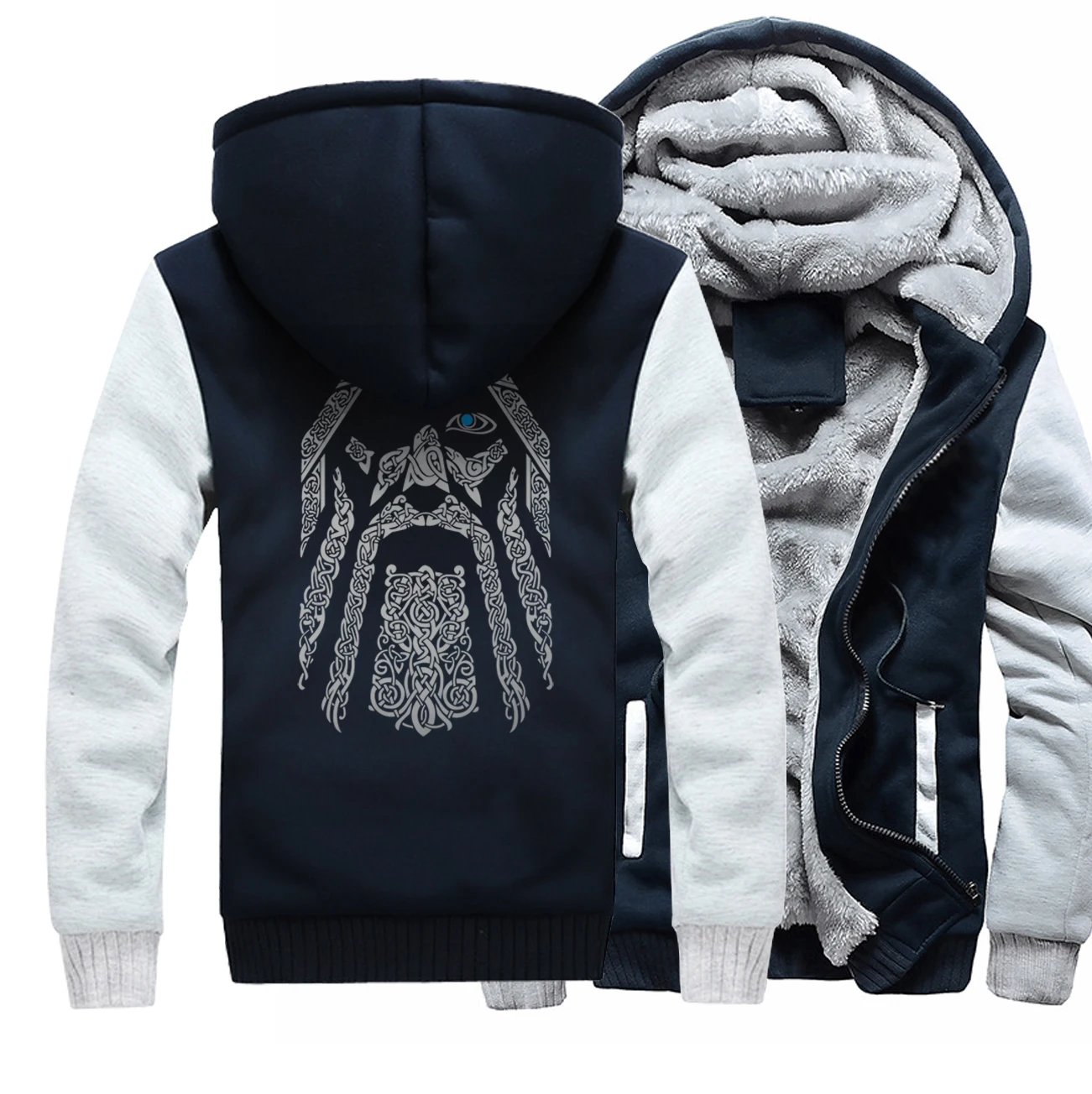 gray dark blue Зимняя Толстовка с принтом реглан, куртка, спортивный костюм Odin, толстовка Vikings для мужчин, новинка, модная шерстяная подкладка, камуфляжные пальто с рукавами - Цвет: gray dark blue