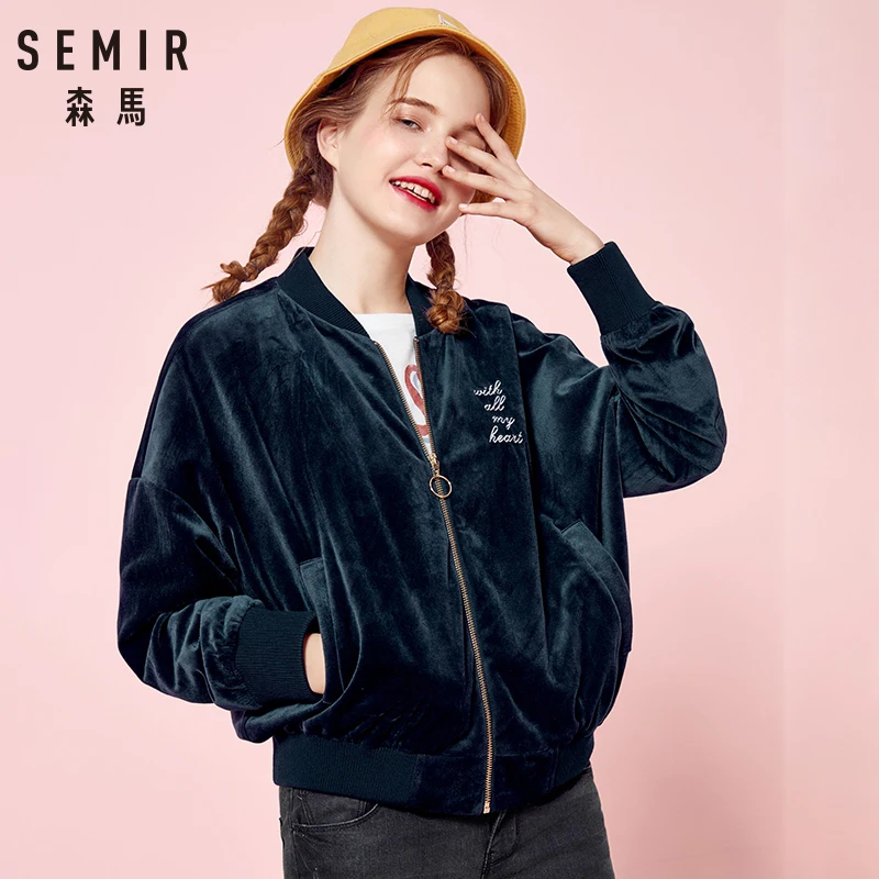 SEMIR Женская бархатная куртка бомбер бейсбольная с вышивкой полным карманом на