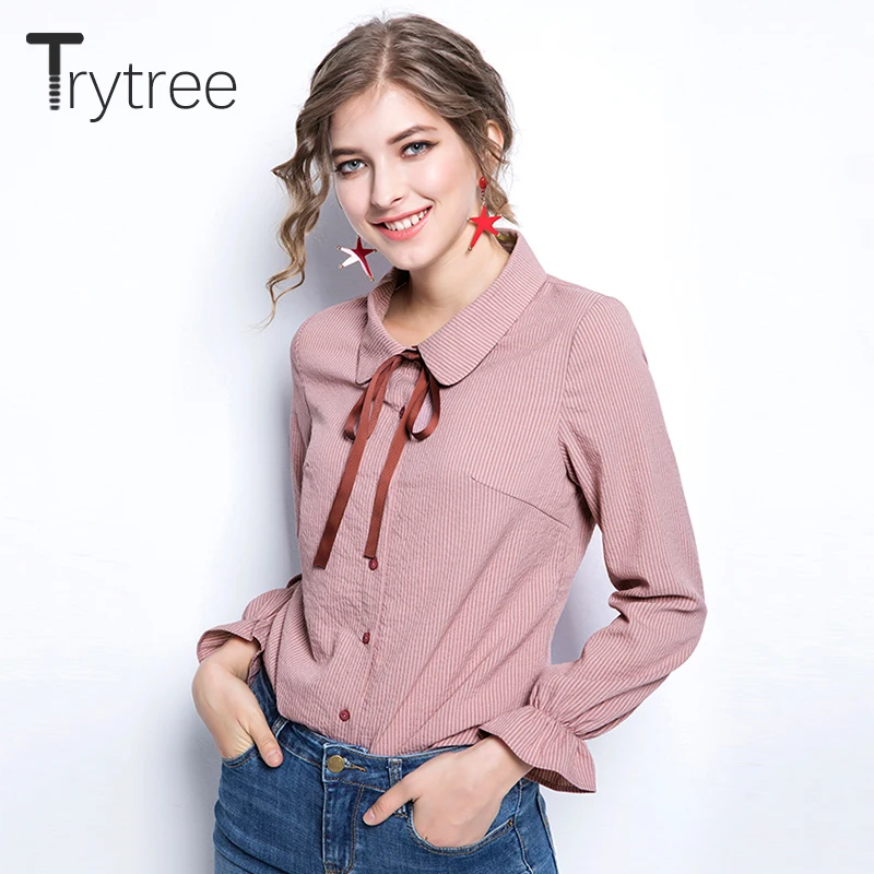 Ttytree Весна Лето Блузки Повседневная рубашка Женская Офисная Леди длинная 2018