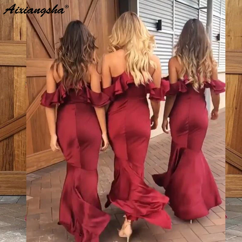 

Burgundy Mermaid High Low Bridesmaid Dress Elegant Long Dress For Wedding P V-veck vestidos de fiesta de noche
