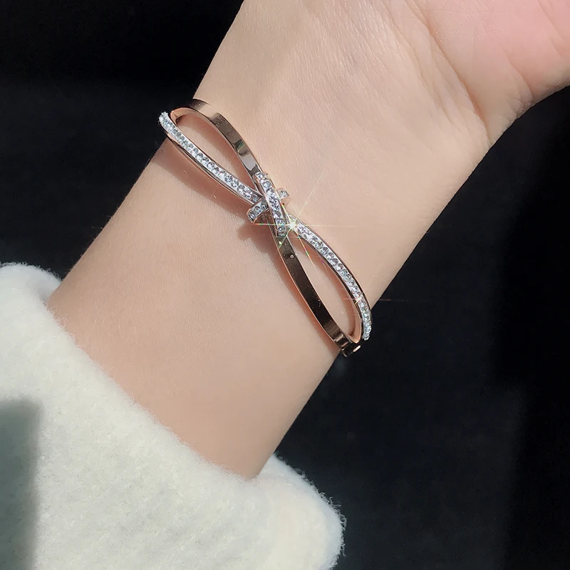 YUN RUO 2019 простой и шикарный модный браслет с бантом из кристаллов цвета розового