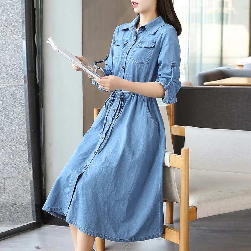 Женское джинсовое платье с поясом повседневное однотонное Хлопковое трапеция
