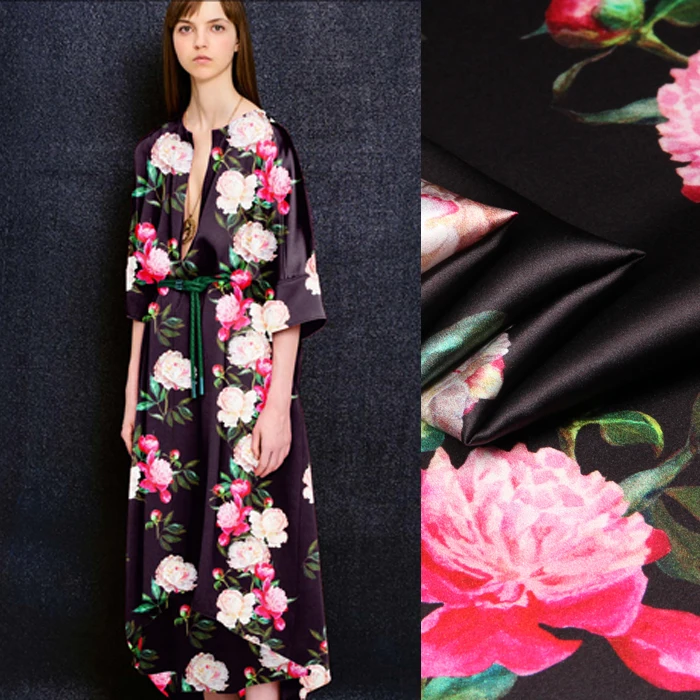 

118cm wide 19mm 93% silk & 7% spandex pink floral print black stretch silk satin fabric for dress shirt clothes cheongsam D773