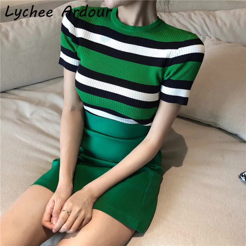 Lychee Ardour хит цветная полосатая трикотажная футболка зеленая юбка Женский