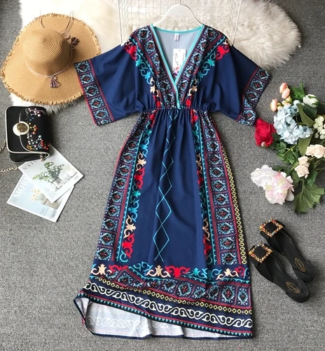 blue Gagarich Vintage Thailand Style Long Dress Bohemian Beach Dress Women Summer New Long Plus Size Dress - Цвет: blue
