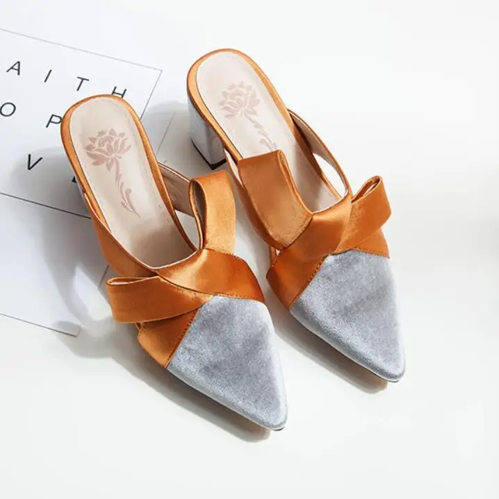 Женские туфли с острым носком и бантиком повседневные шлепанцы без задника на