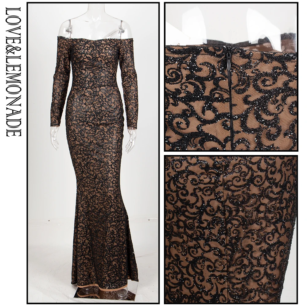

LOVE & LEMONADE Black Off The Shoulder Glitter Glued Fabric Slim Long Dress LM6271