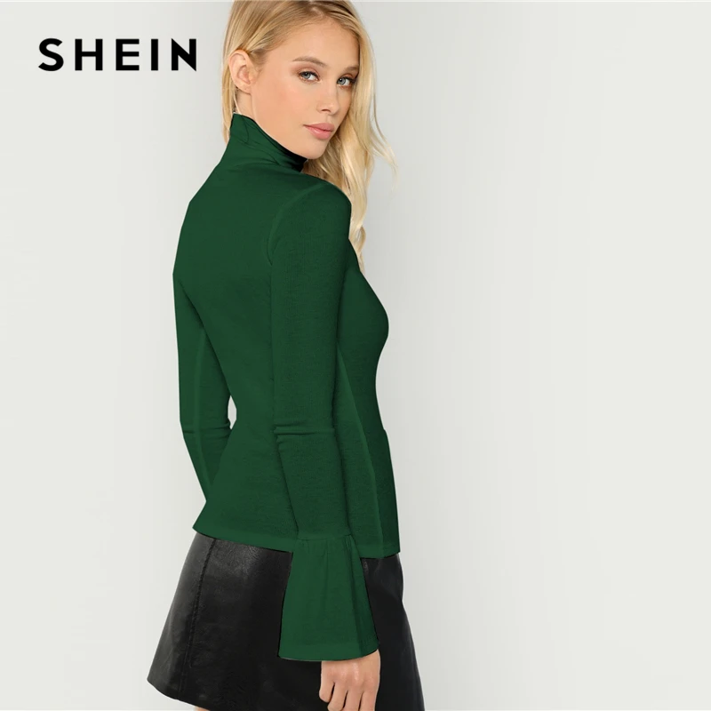 SHEIN, армейский зеленый пуловер с манжетами в рубчик, облегающий рукав с воланом, высокая горловина,, осенняя Женская Повседневная облегающая футболка, Топ