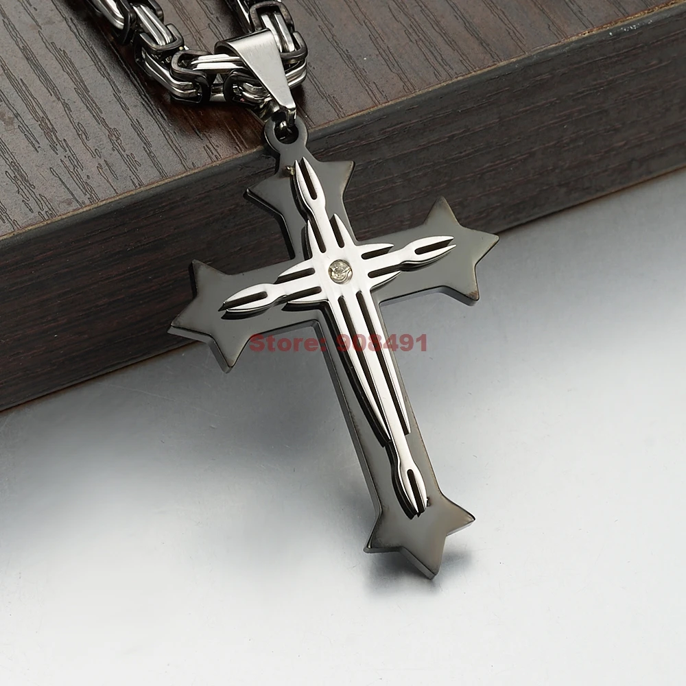 

Men Jewelry Multilayer Cross Christ Jesus Pendant Necklace Stainless Steel Link Byzantine Chain Heavy Gift 22"24"28" 5mm