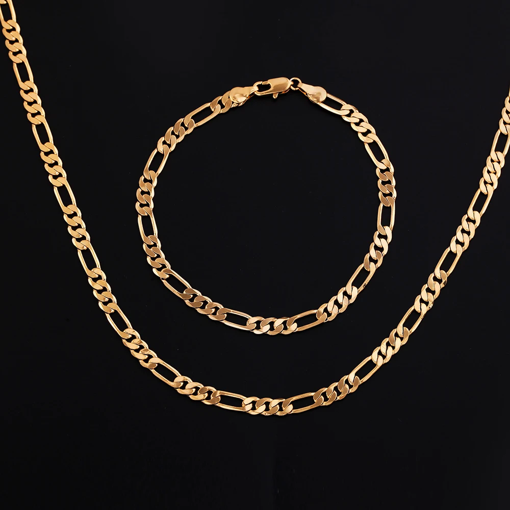Hot Fashion Gold Color Jewelry Men Necklace Set Wholesale Trendy Figaro Chain Bracelet | Sets