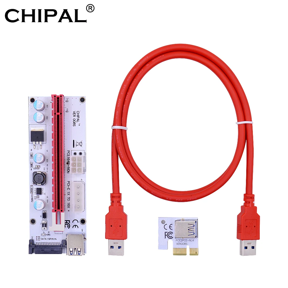 CHIPAL новый красный 100 см VER008S 3 в 1 PCI Express Riser Card 008s 1x к 16x адаптеру 4Pin 6Pin SATA Molex Power для LTC