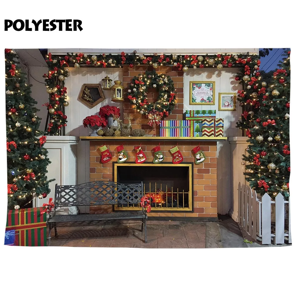 Allenjoy фон для фотостудии Рождественская каминная комната венок дерево скамейка