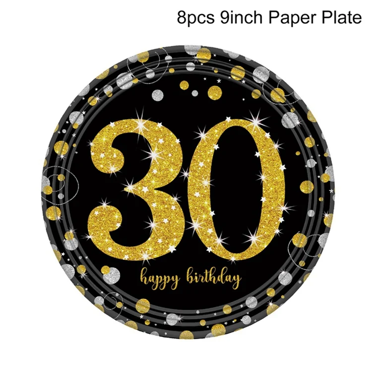9inch Plate 8pcs QIFU, черные, золотые шары, 30 лет, декоративные, вечерние, 30 лет, с днем рождения, вечерние, 30 лет, для взрослых - Цвет: 9inch Plate 8pcs