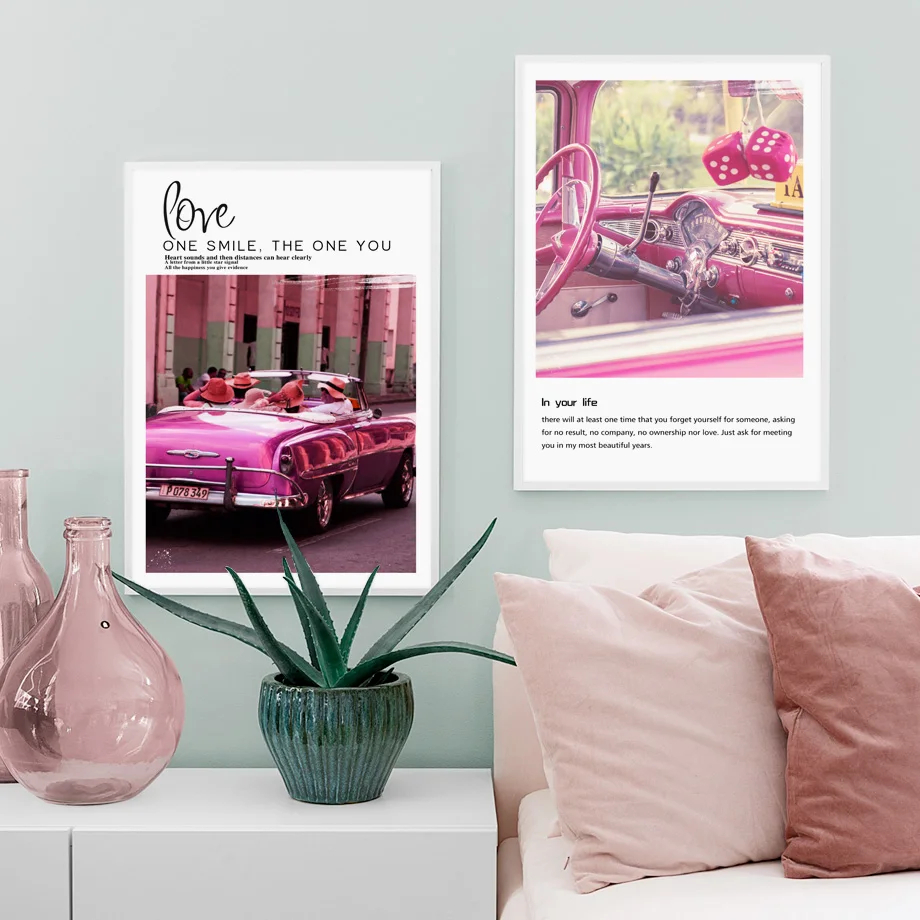Pink Car Phone Lock Beach Landscape Wall Art Canvas Painting Nordic Posters And Prints Pictures For Living Room Girl Decor | Дом и сад