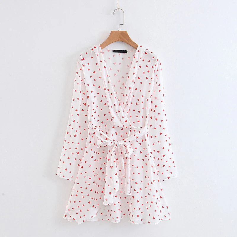 Women Sweet Heart-printed Summer Dress Lady V Neck With Belt Long Sleeve Slim A-line Mini Dress vestido mujer DDWM8792
