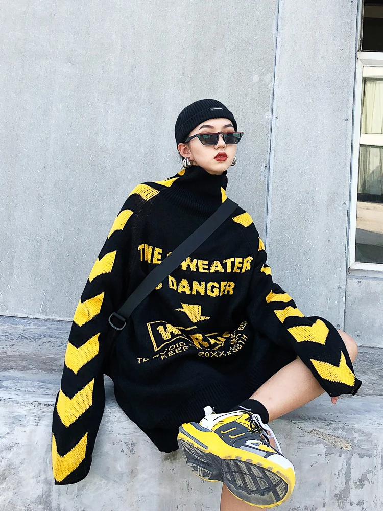 Lovers sweater BF Guochao Street arrow stripes loose oversize knock cool wear high collar knitting on both sides sweaters | Женская