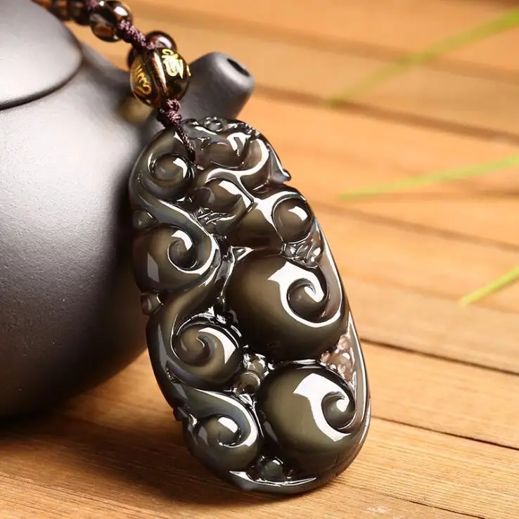 Китайский Натуральный Цвет обсидиан ручной резной дракон счастливый кулон + бусы
