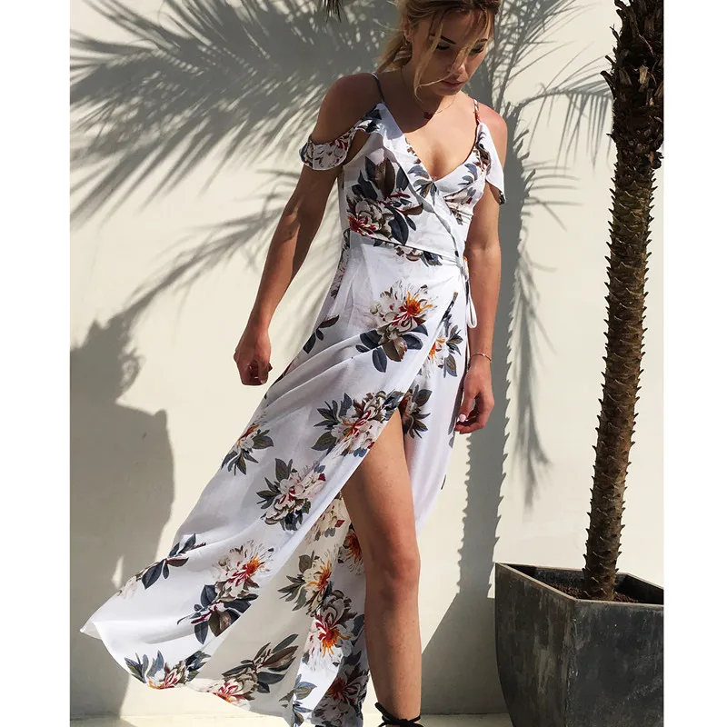 Пляжное платье на бретельках с цветочным принтом женское летнее 2019 открытыми