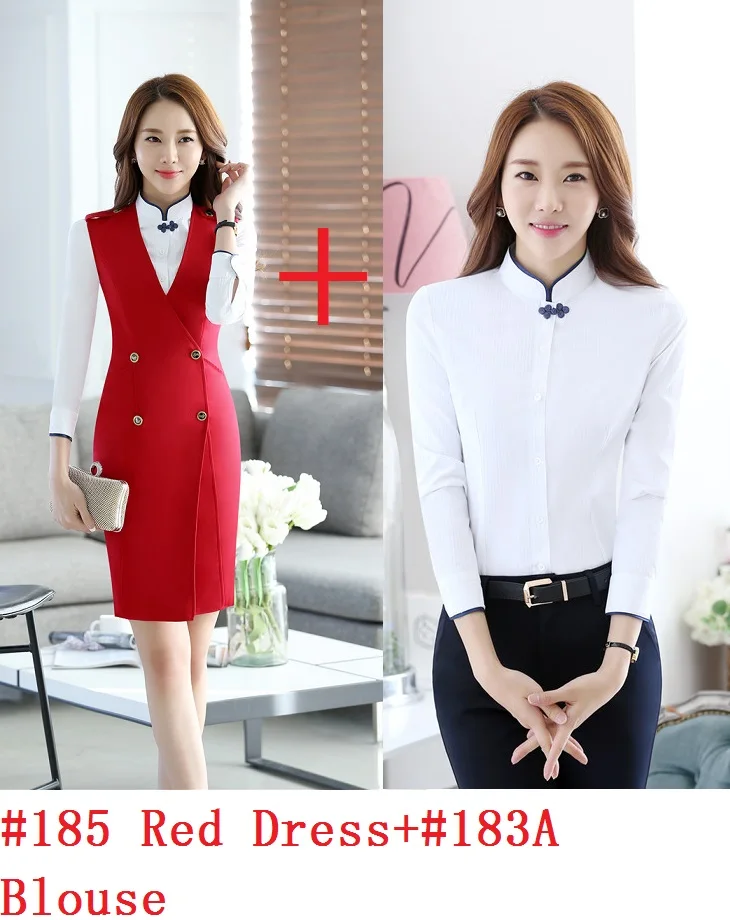 Red Dress Blouse Весна Осень формальные тонкие модные платья костюмы с блузкой и платьем для женщин офисная Рабочая одежда салон красоты блейзеры наряды красный - Цвет: Red Dress Blouse