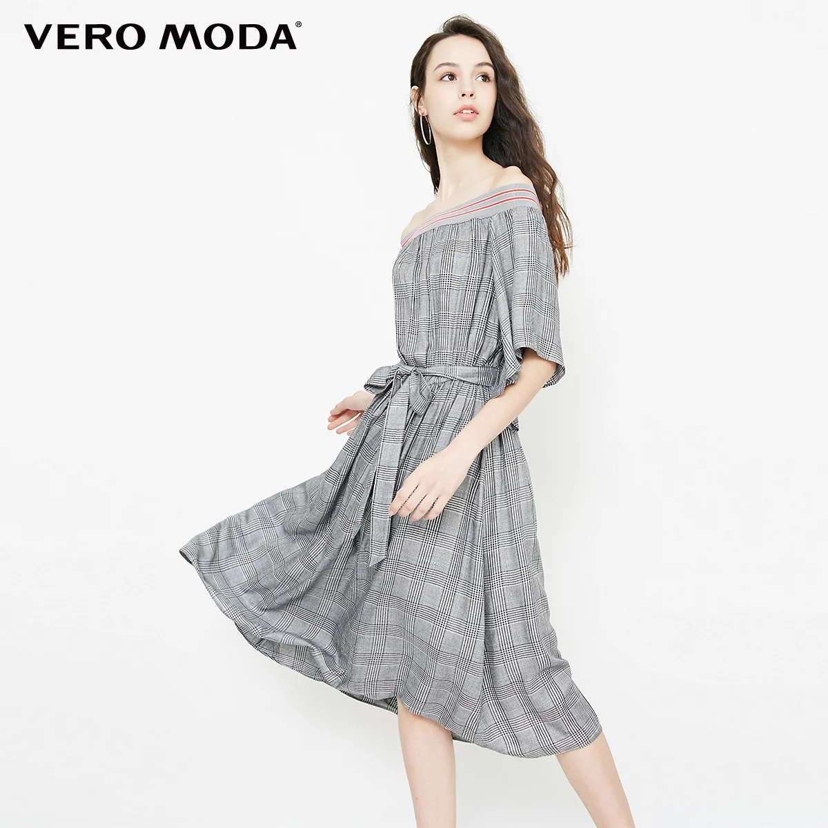 Vero Moda Новое Женское винтажное клетчатое платье в рубчик с расклешенными рукавами на шнуровке | 31836Z503