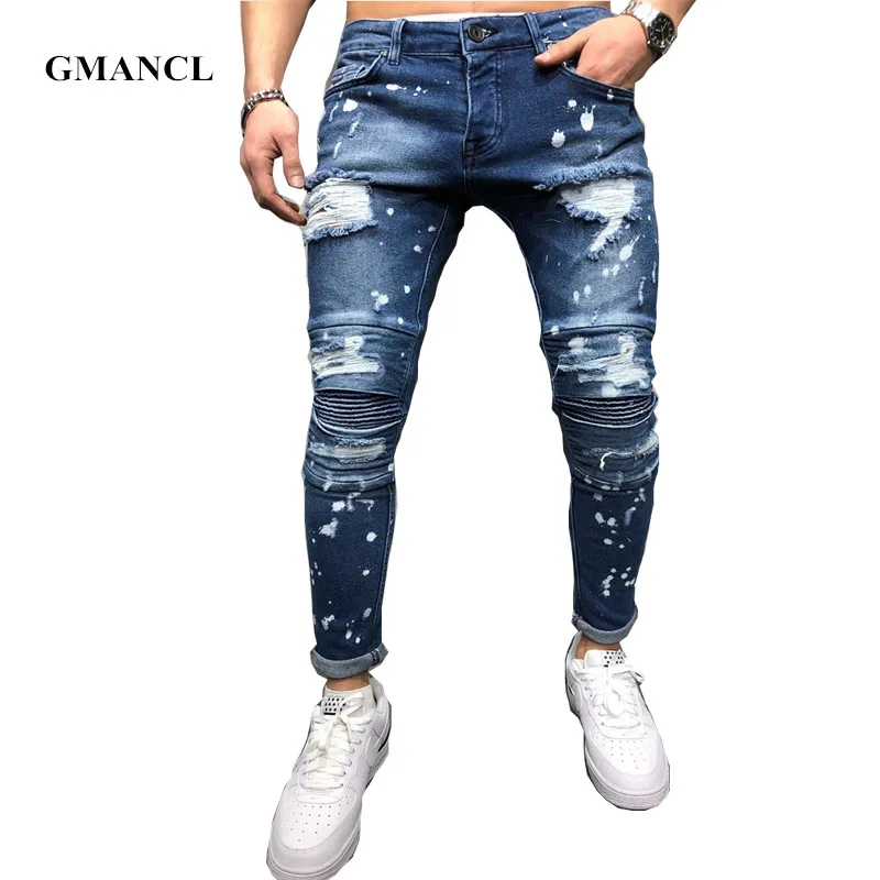 

New Hip hop Men Splashing ink Slim knee Pleated Ripped Skinny biker Jeans Fashion Distressed motorcycle Denim Joggers pants