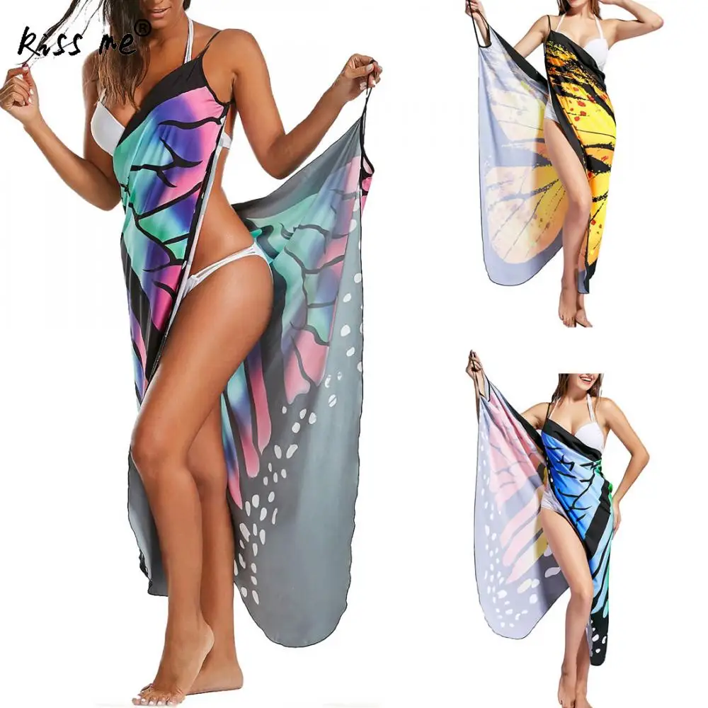 Beach Wear Women Tunics Printed Cover Up Wrap Slip Dress Praia Summer Bikini Female One Size Butterfly | Женская одежда