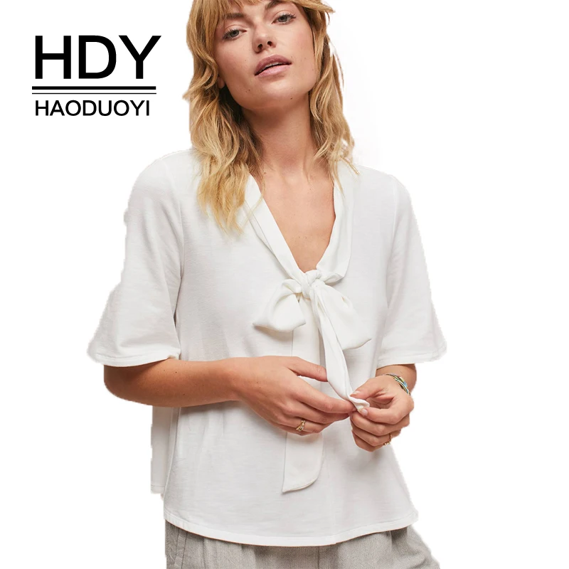 HDY HaoDuoYi Fashion Women T-shirt Solid White Lace-up Neck Short Sleeve Shirt Casual V Top Ladies Loose T-shirts | Женская одежда