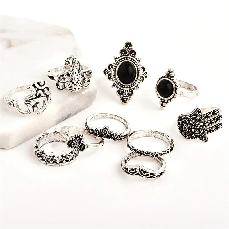 10 Pcs/Set Bohemian Engraving Fatima Palm Elephant OM Crown Flower Gem Ring Set Women Personality Birthday Jewelry | Украшения и