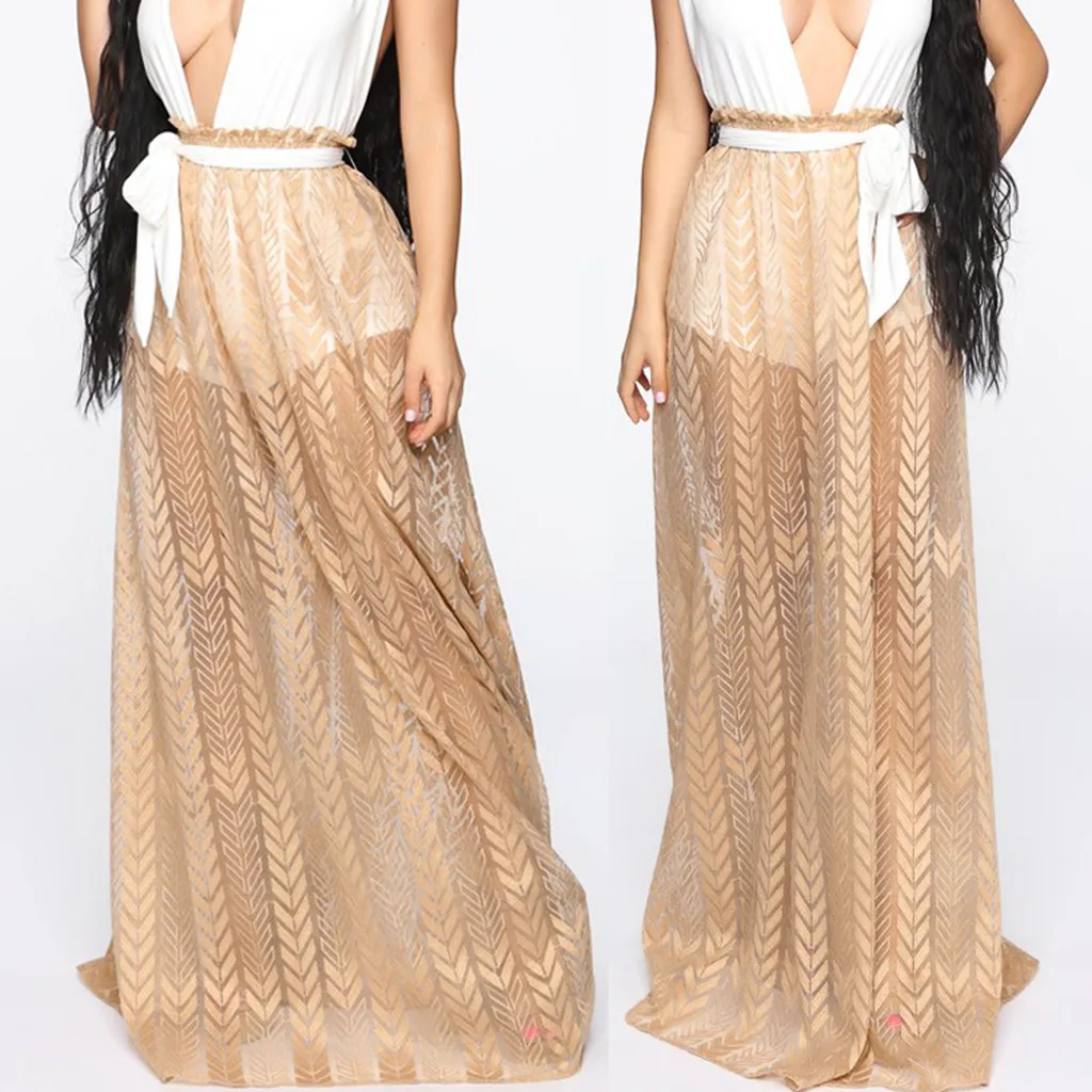 Женская шифоновая юбка в складку белая Повседневная Длинная с разрезом высокой