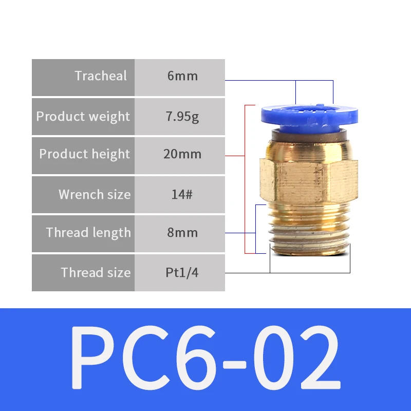 PC6-02 1 шт. прямой тип пневматической винтовой резьбы быстрые разъемы фитинг 4 мм-16 мм шланг трубки одно касание в газовые фитинги медь - Цвет: PC6-02