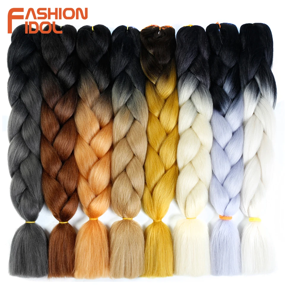 FASHION IDOL Synthetic Braiding Hair Ombre Kanekalon 24 Inch 100g/Pack Blonde Grey Crochet Braids Hair Extensions Jumbo Braids
