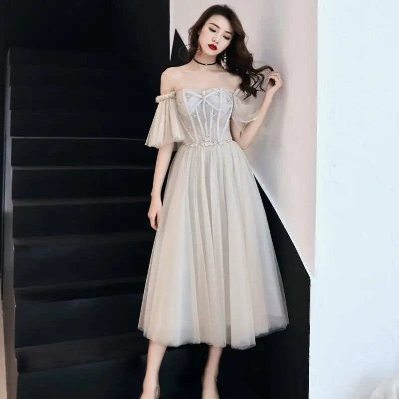Rhinestone Exquisite Women Mesh Dress Elegant Bride Wedding Party Cheongsam Flare Sleeve Retro Gown Off Shoulder Robe De Soiree - Цвет: Champagne Gray Long