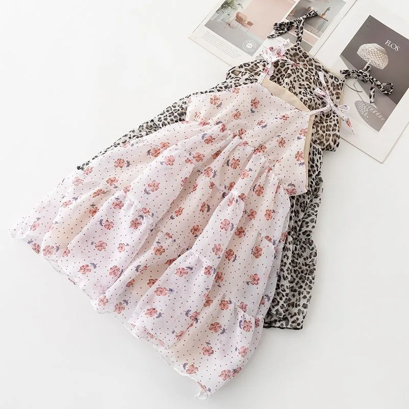 4 5 6 7 8 Years Girls Party Dress Fashion Korean Leopard Print Sling Kids Dresses For Summer Vacation Toddler Baby Clothes | Детская
