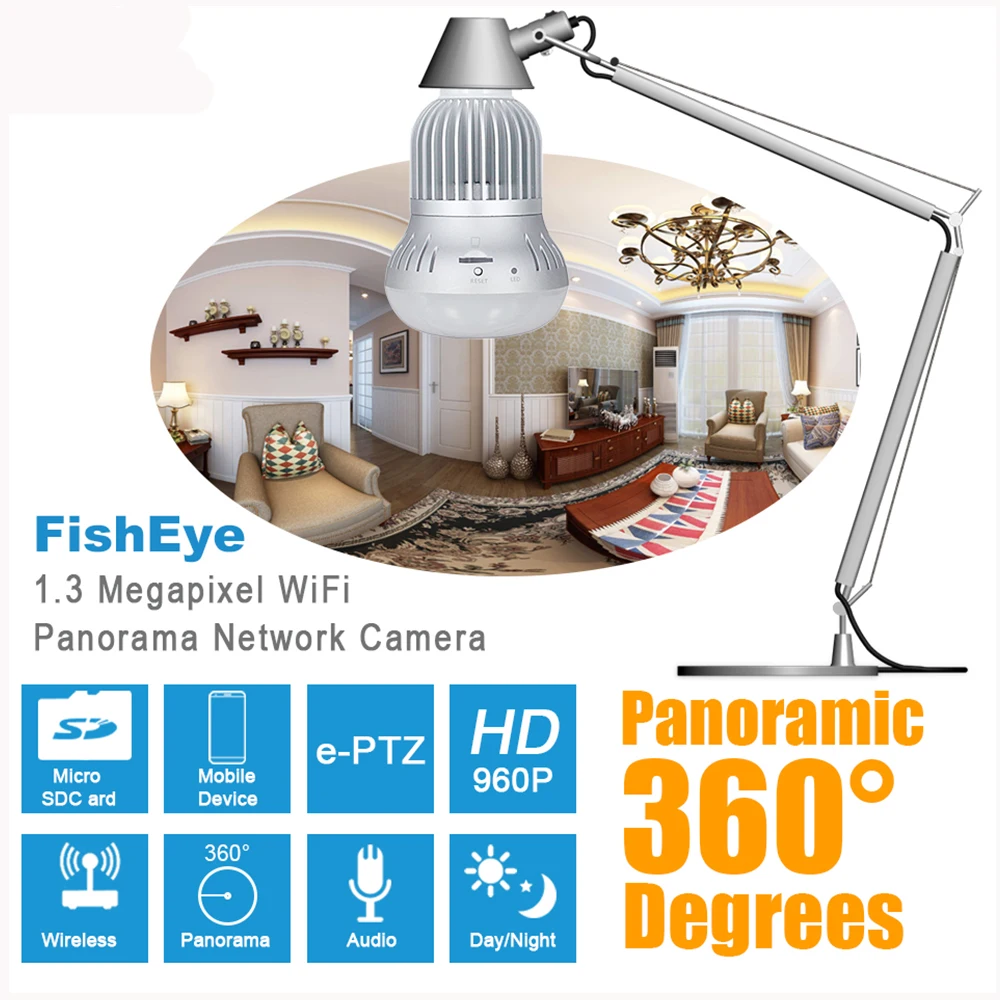 360 градусов рыбий глаз Беспроводной Wi-Fi панорама лампы 1280x960 P 1.3MP лампы CCTV Камера Ночное Видение движения Сенсор