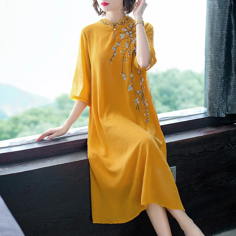 Летнее китайское традиционное платье Cheongsam в стиле ретро с вышивкой 2019 | Женская