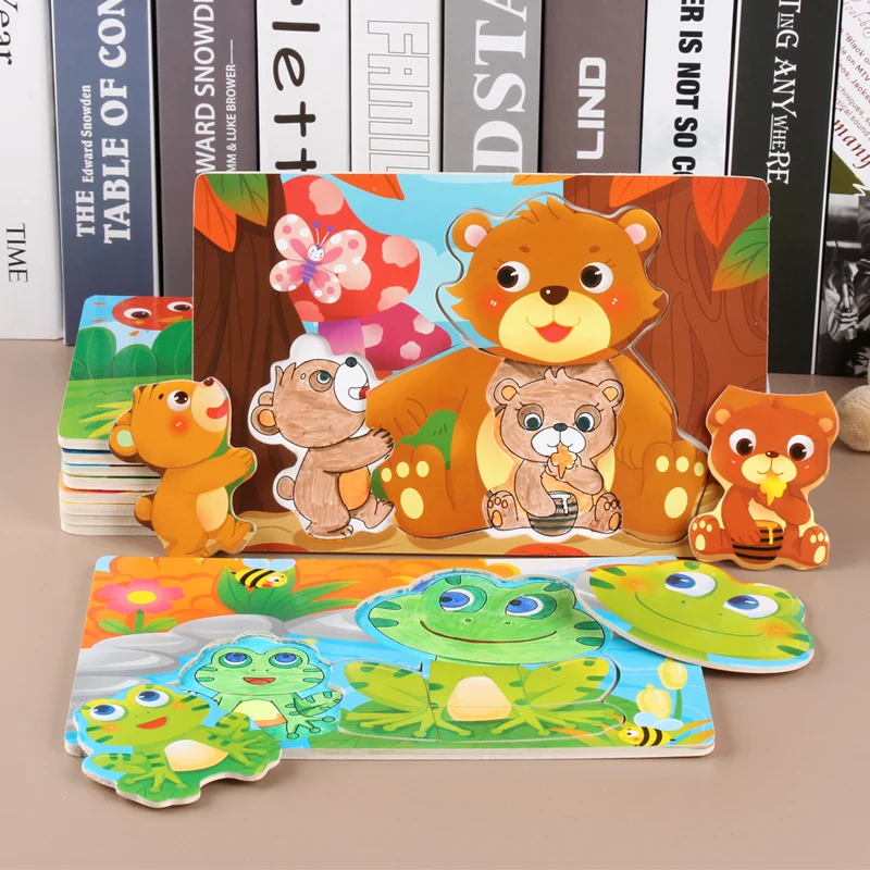 Детский деревянный пазл игрушки Мультяшные животные рисование красочные