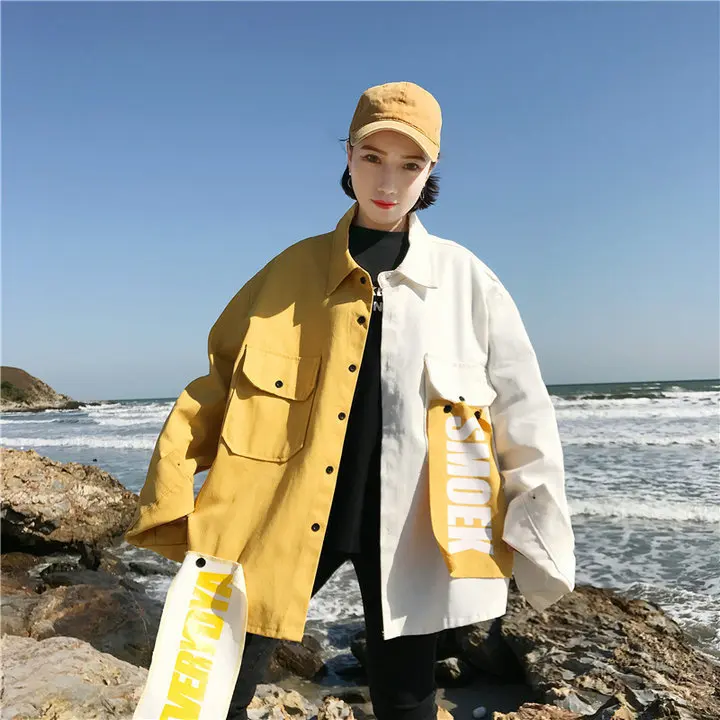 Harajuku бомбер Oversize Лоскутная джинсовая куртка бойфренд стрейч патч конструкции для женщин женская верхняя одежда школьница Бейсбол пальт