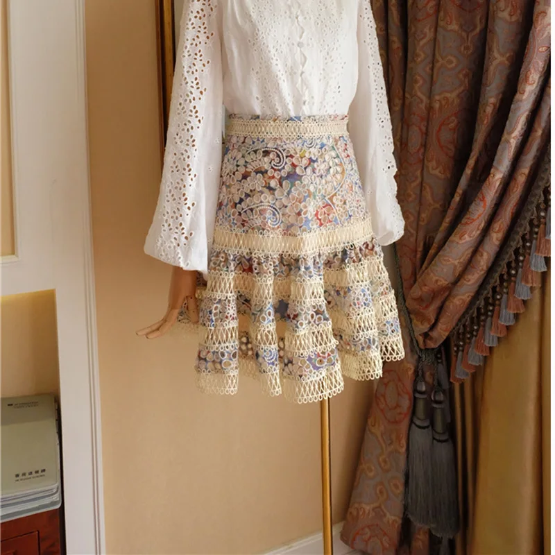 2018 fashion beach Embroidery lace skirts high waist mini hollow out floral women skirt | Женская одежда
