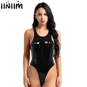 Эротический комбинезон из искусственной кожи без рукавов, с открытой спиной и высоким вырезом