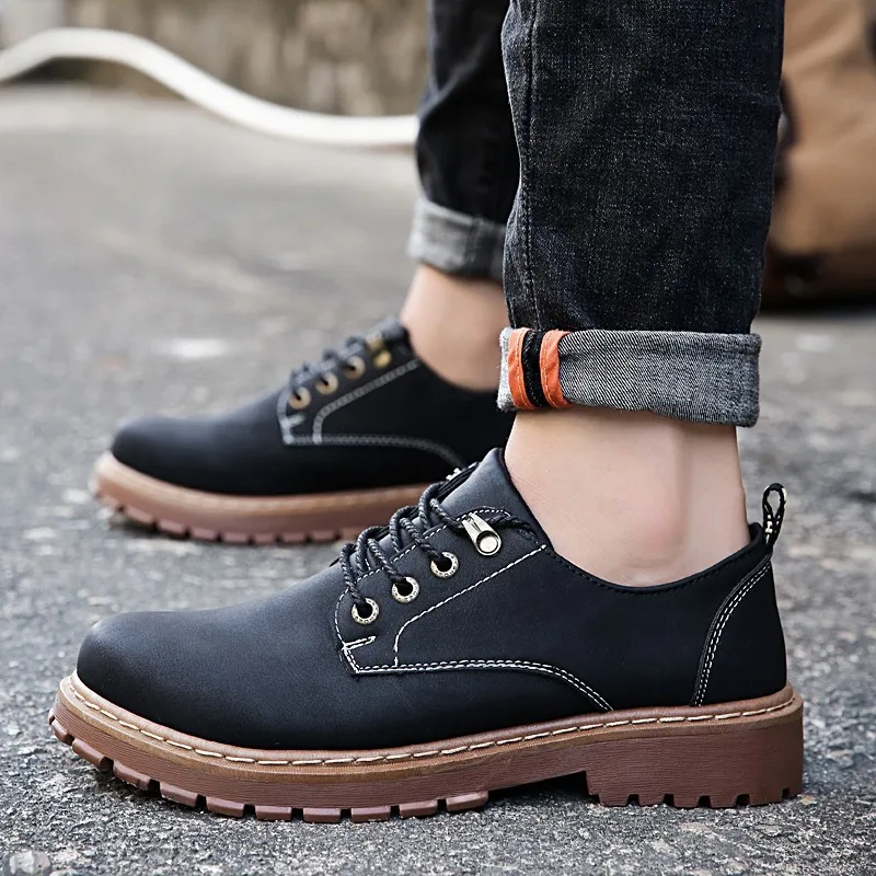 Autumn Winter Men Leather Shoes Botas Hombre Vintage Style Casual Fashion Low Top Lace-up Martin Bota Masculina | Обувь