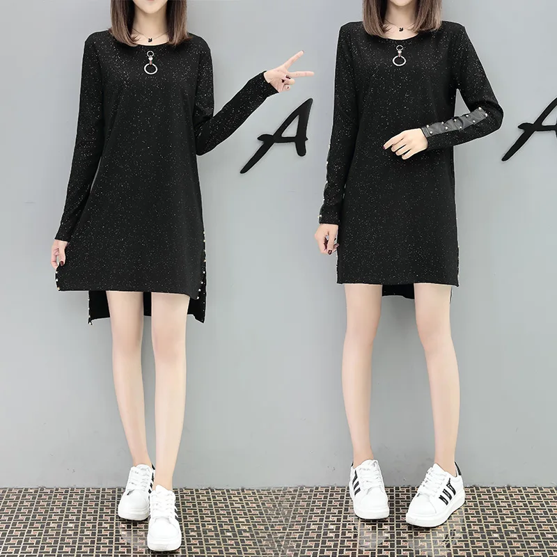 Женское черное платье осень 2019 Повседневное из искусственной кожи с длинным