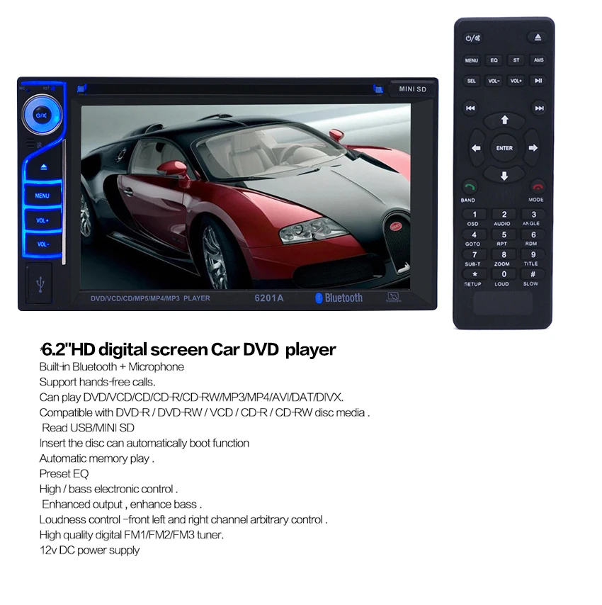 New Autoradio Car Auto Radio 12V Bluetooth Stereo In-dash 2 Din FM Aux Input Receiver SD USB MP3 MMC WMA DVD Player Car Player