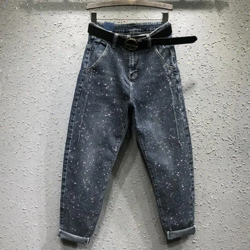 

plus size 26-31!Fashion Rhinestones diamond high waist women denim pants loose casual jeans female harem pants