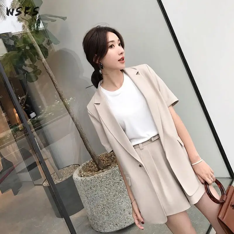 

2 Pieces Set Summer Business Khaki Formal Suits Womens Short Sleeve Loose Bandage Elegant Short Pants Work Office Lady Vestidos